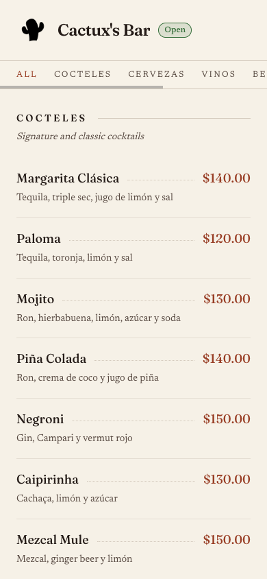La Comanda public menu shown on a mobile phone