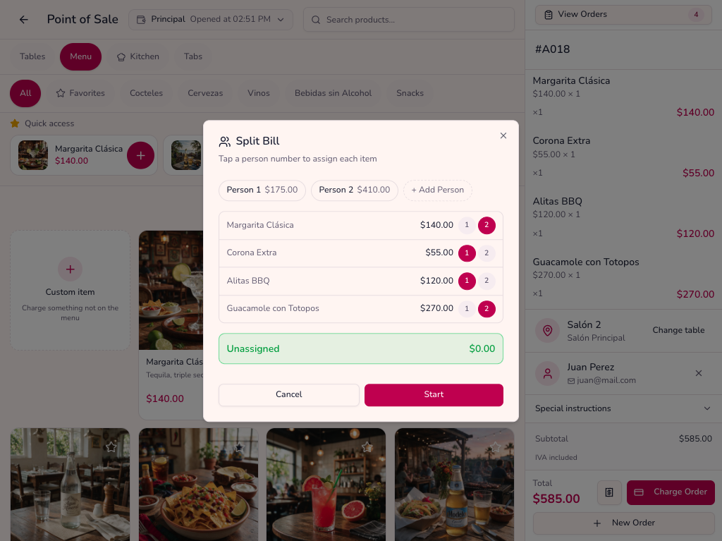 La Comanda split payment screen