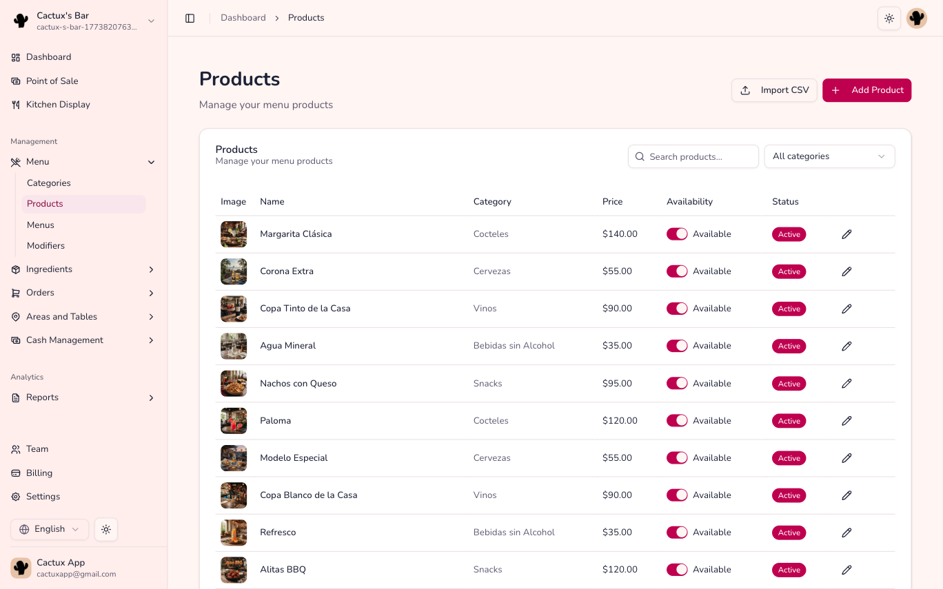 Product catalog inside La Comanda