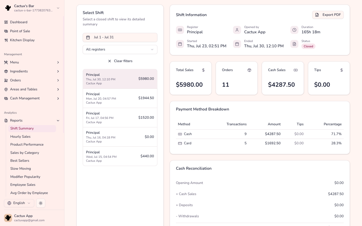 A cash shift summary in La Comanda