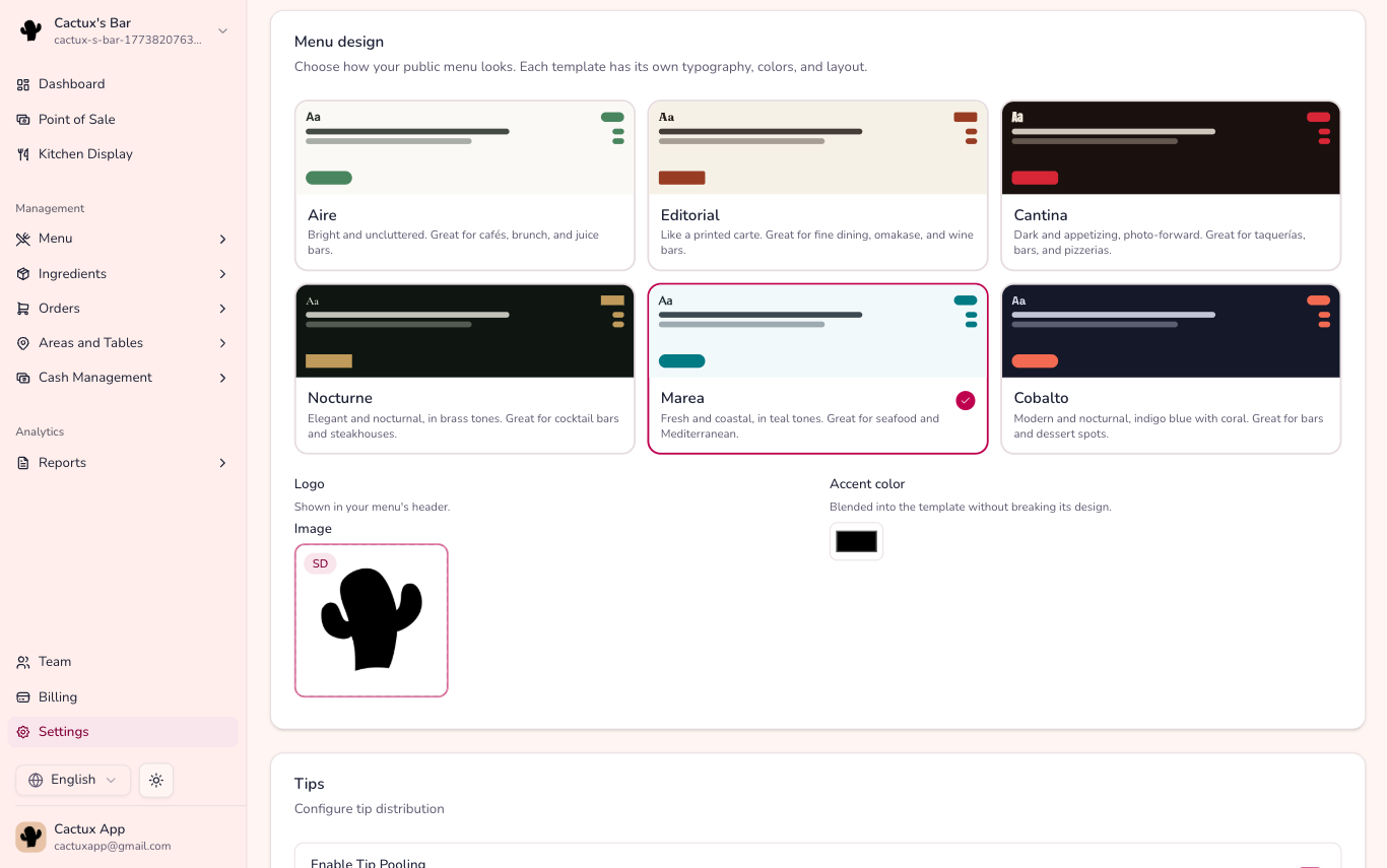 La Comanda public menu design settings