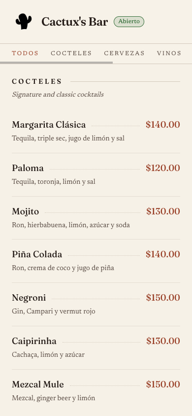 Menú público de La Comanda visto desde un celular
