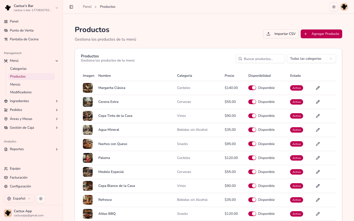 Catálogo de productos dentro de La Comanda